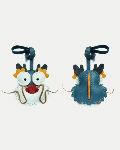 leather loong bag charm, loong leather keychain, handmade loong bag charm, lucky loong accessory, oriental leather charm, car key accessory