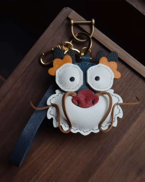 leather loong bag charm, loong leather keychain, handmade loong bag charm, lucky loong accessory, oriental leather charm, car key accessory