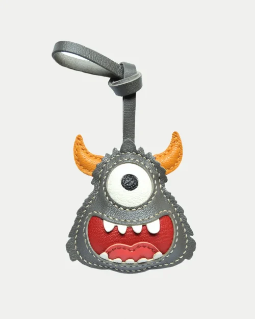 leather monster bag charm, handmade leather keychain, cartoon monster accessory, gift box, playful bag charm