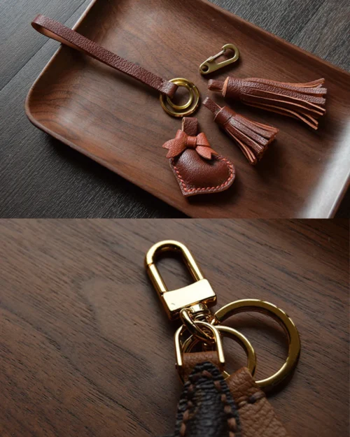Keychain accessory components set featuring brass hardware, leather tassels, cords, and connectors for bag charms, keychains, and car key accessories.