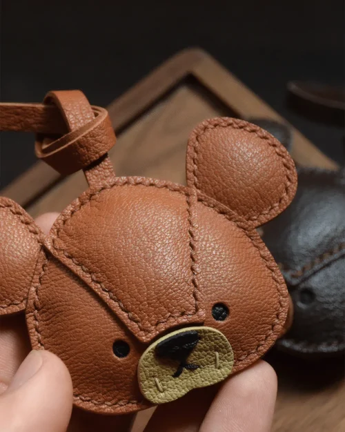 leather bear bag charm, bear leather keychain, cute bear bag charm, handmade bear accessory, leather animal keychain, car key accessory