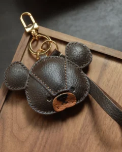 leather bear bag charm, bear leather keychain, cute bear bag charm, handmade bear accessory, leather animal keychain, car key accessory