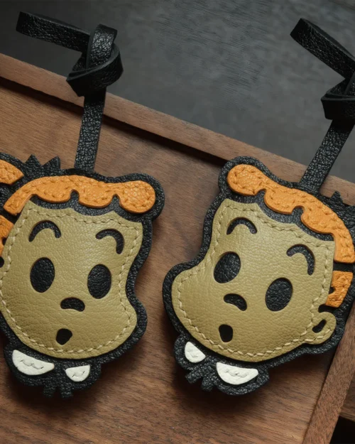 leather cartoon bag charm, cartoon leather keychain, cute cartoon bag charm, handmade cartoon accessory, leather character keychain