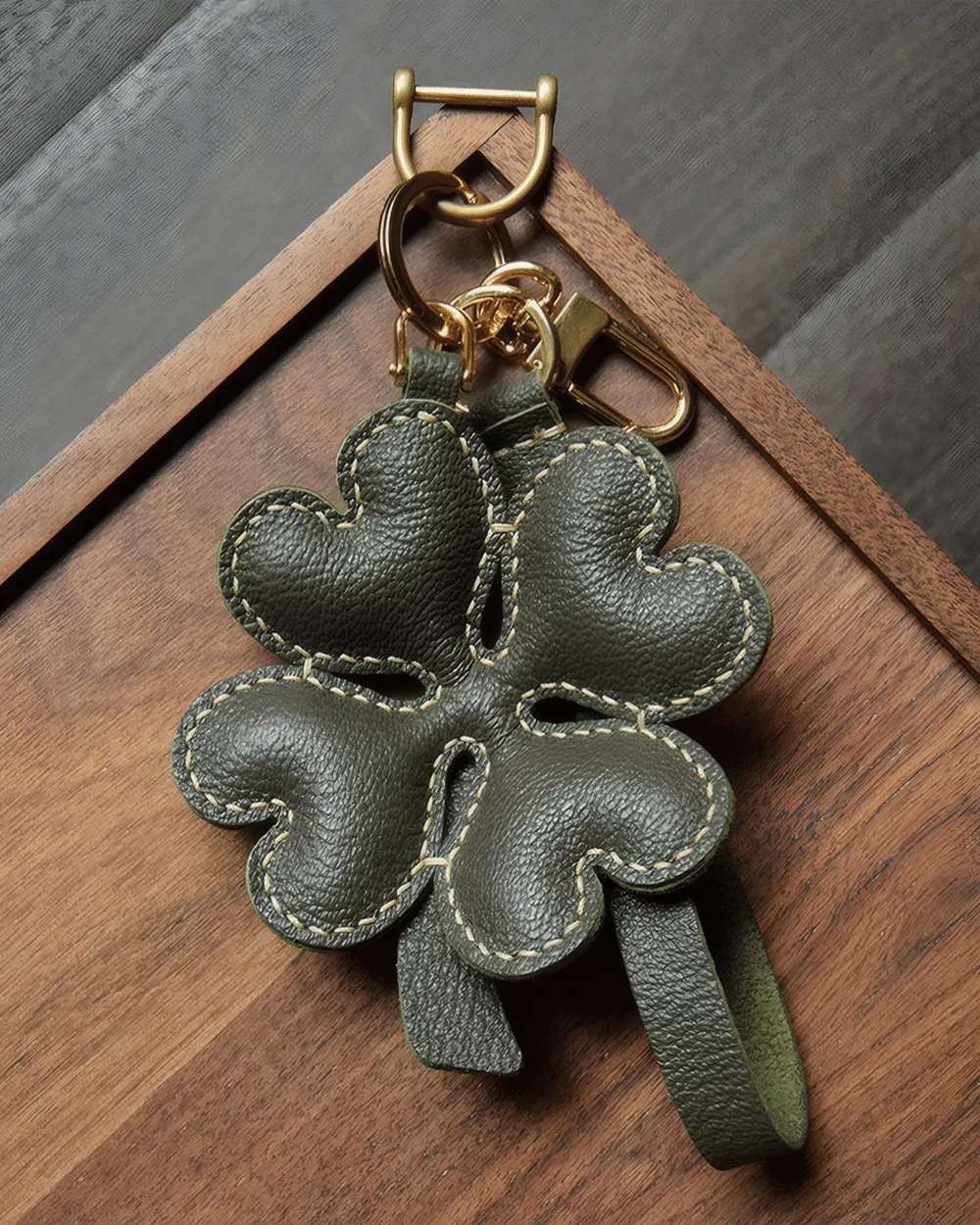 Leather Four Leaf Clover Bag Charm Hand-stitched