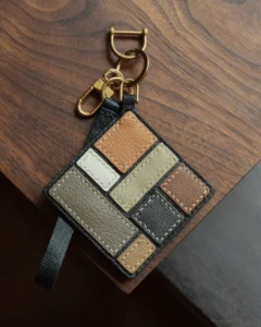 leather geometric bag charm, geometric leather keychain, handmade geometric bag charm, abstract leather accessory, color block leather keychain, car key accessory