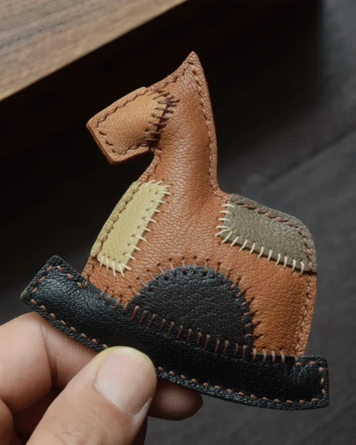 patchwork rocking horse bag charm Handmade Leather Keychain