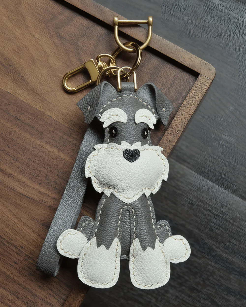 Leather Schnauzer Bag Charm Hand-stitched - Dog Inspired