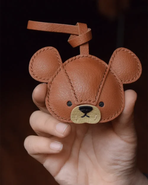 leather bear bag charm, bear leather keychain, cute bear bag charm, handmade bear accessory, leather animal keychain, car key accessory