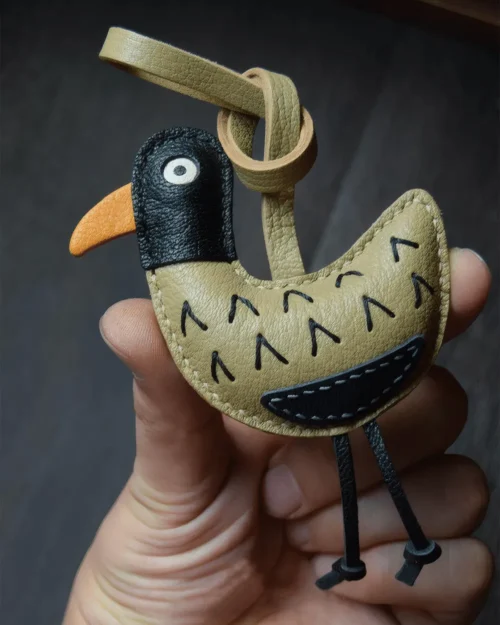 leather bird bag charm, bird leather keychain, cute bird bag charm, handmade bird accessory, leather bird character keychain