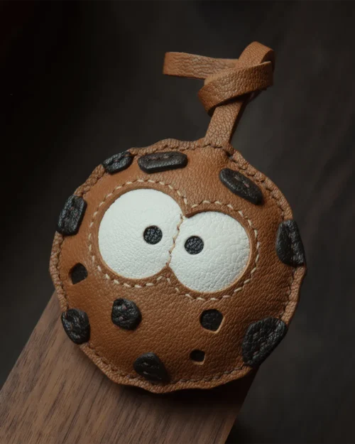 cookie bag charm, leather cookie keychain, handmade cookie bag charm, dessert bag accessory, playful leather keychain, car key accessory