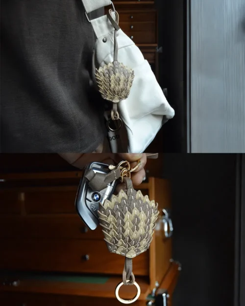 leather scale flower bag charm, snakeskin texture flower keychain, handmade leather flower accessory, layered floral bag charm, sculptural leather keychain