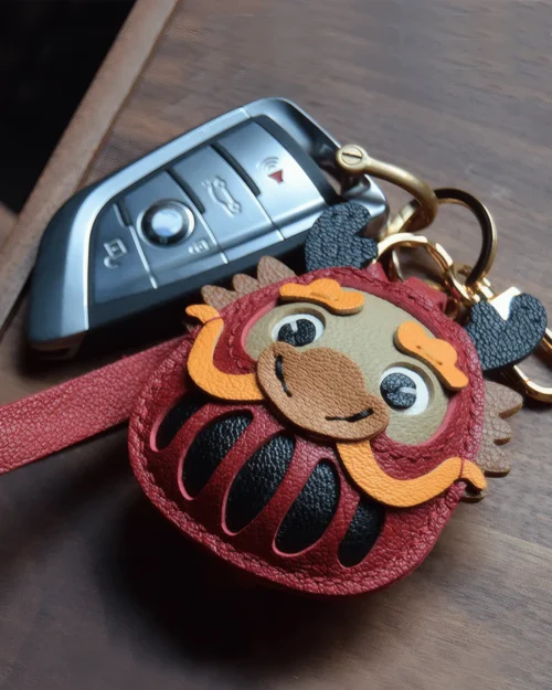leather lucky loong bag charm, loong leather keychain, handmade loong bag charm, lucky loong accessory, leather fortune symbol keychain