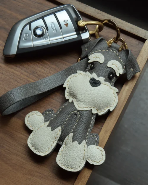 leather schnauzer bag charm, schnauzer leather keychain, handmade dog bag charm, dog leather accessory, pet keychain, car key accessory