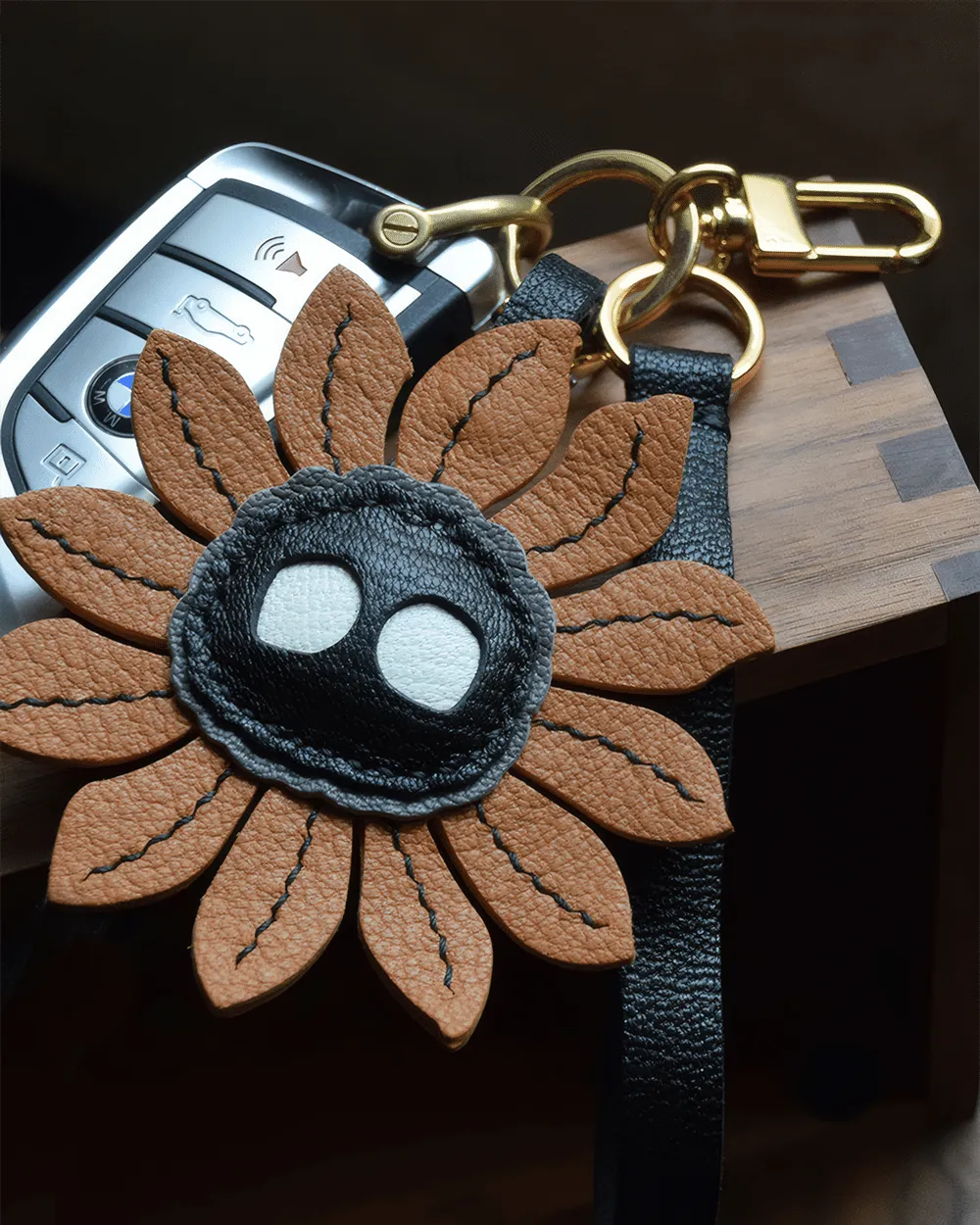Leather Sunflower Bag Charm Hand-stitched - Floral Style