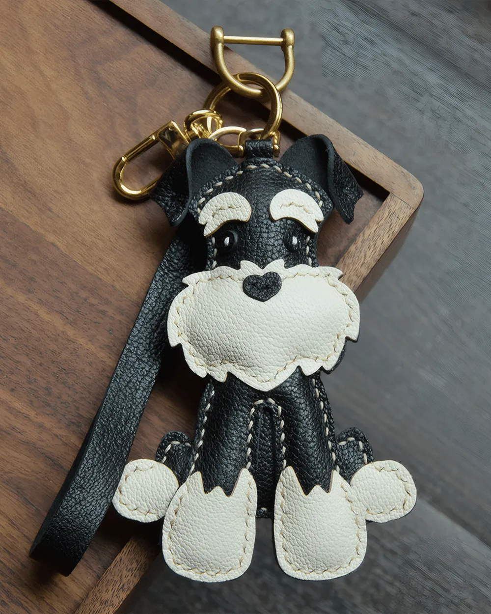 Leather Schnauzer Bag Charm Hand-stitched - Dog Inspired