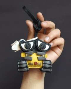leather robot bag charm, robot leather keychain, cute robot bag charm, handmade robot accessory, cartoon robot keychain, car key accessory
