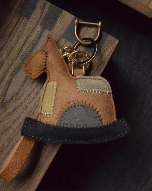 patchwork rocking horse bag charm Handmade Leather Keychain