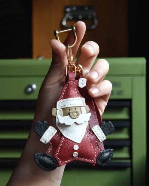 leather santa bag charm, santa leather keychain, christmas santa bag charm, handmade santa accessory, festive leather keychain, holiday gift charm