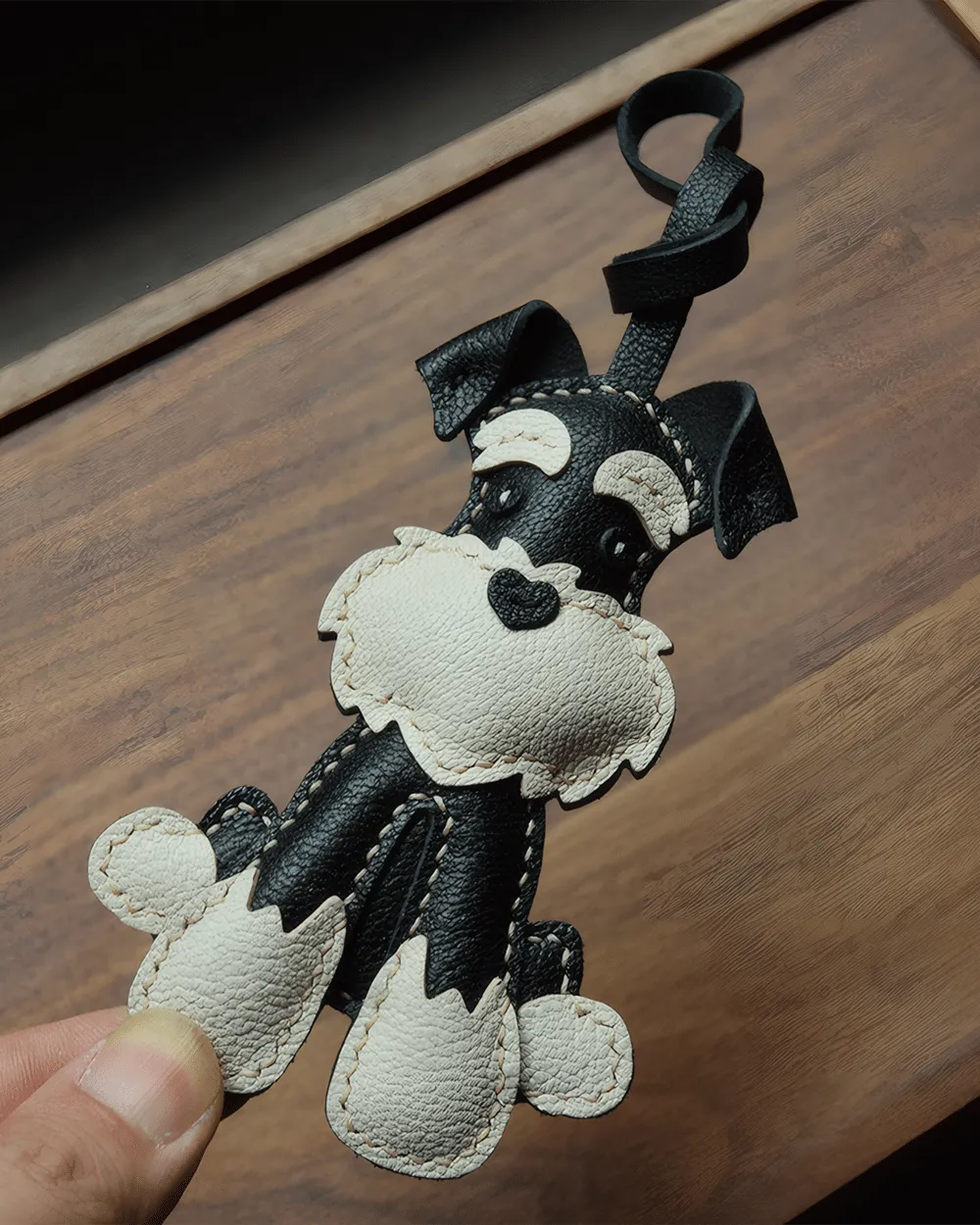 Leather Schnauzer Bag Charm Hand-stitched - Dog Inspired