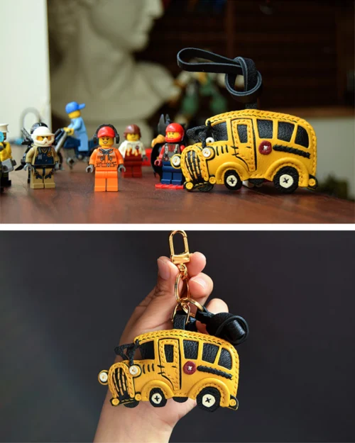 A cheerful school bus bag charm handcrafted from French goatskin leather. Hand-stitched over three days and gift boxed, ideal for bags, keys, or car keys.