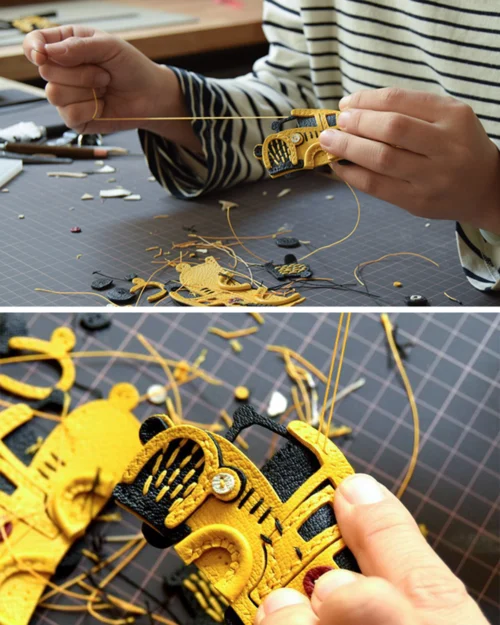 A cheerful school bus bag charm handcrafted from French goatskin leather. Hand-stitched over three days and gift boxed, ideal for bags, keys, or car keys.