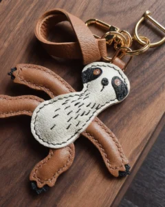 Sloth Bag Charm handcrafted from French goatskin leather, hand-stitched over three days and gift boxed for bags, keys, and car key accessories.