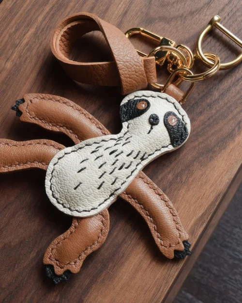 Sloth Bag Charm handcrafted from French goatskin leather, hand-stitched over three days and gift boxed for bags, keys, and car key accessories.