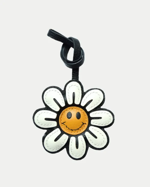 smile flower bag charm, leather smile flower keychain, handmade flower bag charm, smiley bag accessory, graphic leather keychain, car key accessory