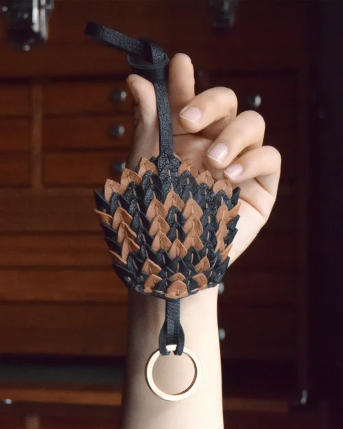 leather scale flower bag charm, snakeskin texture flower keychain, handmade leather flower accessory, layered floral bag charm, sculptural leather keychain