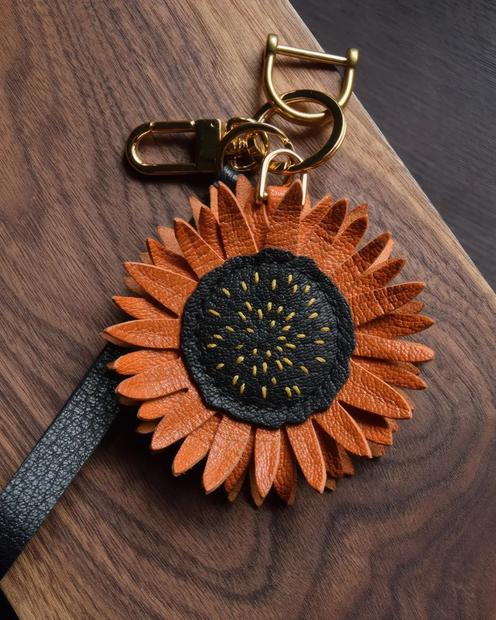 Sunflower Bag Charm - Handmade Leather Floral Design AZEKA