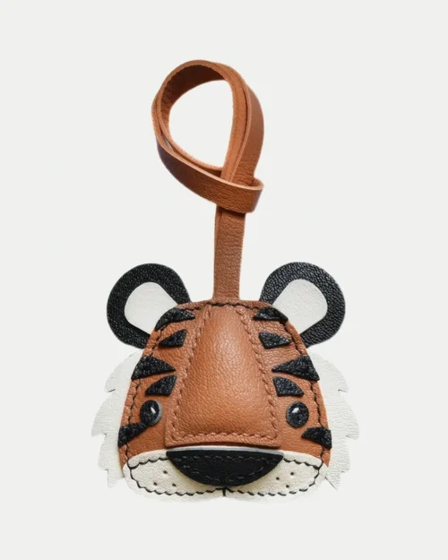 tiger bag charm, leather tiger keychain, handmade leather bag charm, animal leather accessory, gift-ready bag charm, car key accessory leather