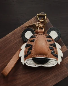 tiger bag charm, leather tiger keychain, handmade leather bag charm, animal leather accessory, gift-ready bag charm, car key accessory leather