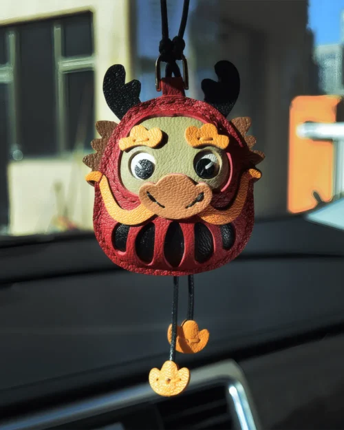 leather lucky loong bag charm, loong leather keychain, handmade loong bag charm, lucky loong accessory, leather fortune symbol keychain