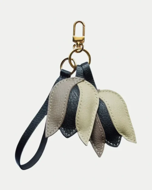 Tulip Bag Charm handcrafted from French goatskin leather, hand-stitched over three days and gift boxed for bags, keys, and car key accessories.