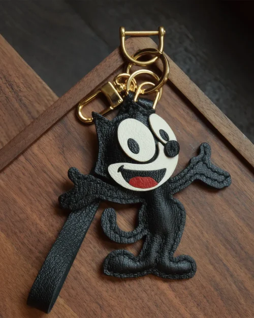 leather cartoon cat bag charm, cartoon cat leather keychain, handmade cartoon cat charm, retro cat bag accessory, leather cartoon keychain